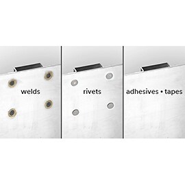 Learn about the benefits of adhesives and how they can improve appearance of product designs. Image comparison of stiffener joint with welds, rivets and adhesives..