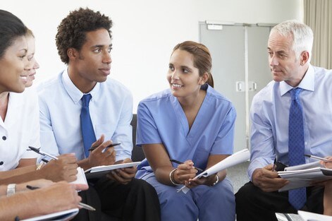 doctors/nurses with scrubs instead of white coats
