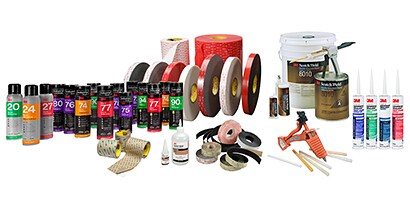 Learn about adhesive formats and the bonding continuum. Image of 3M liquid adhesive and tape formats.
